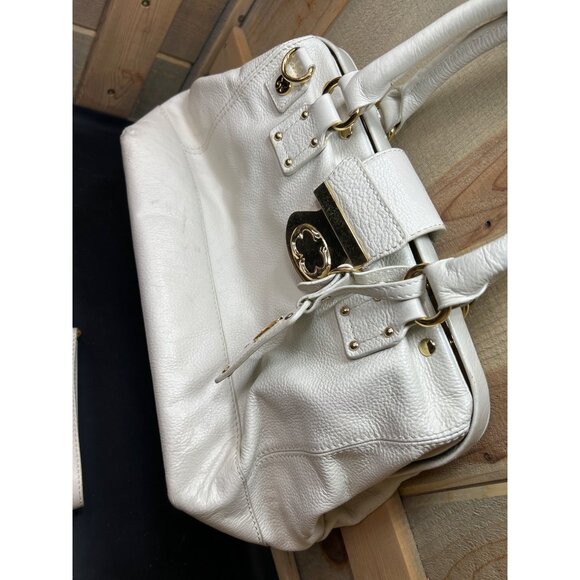 Emma Fox White Pebbled Leather Satchel Bag With Floral Lining Gold Hardware & Re - Picture 3 of 10